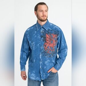 Doramafi Blue Button-Up Shirt with Red Dragon Design Size L